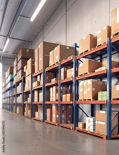 A wide image of big warehouse Storage with boxes, a semi automated industrial warehouse, stock of merchandise on shelves and racks 