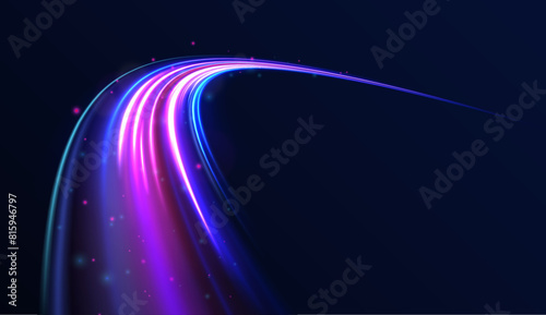 High speed effect motion blur night lights blue and red. Acceleration speed motion on night road. Laser beams luminous abstract sparkling. Purple glowing wave swirl, impulse cable lines.