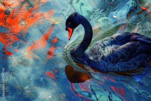Majestic black swan swims gracefully on a shimmering pond with vibrant reflections photo