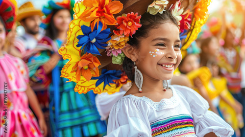 A Hispanic family celebrating a festival, showcasing cultural diversity, realistic photography,minimalist background, clean and simple setting, free space