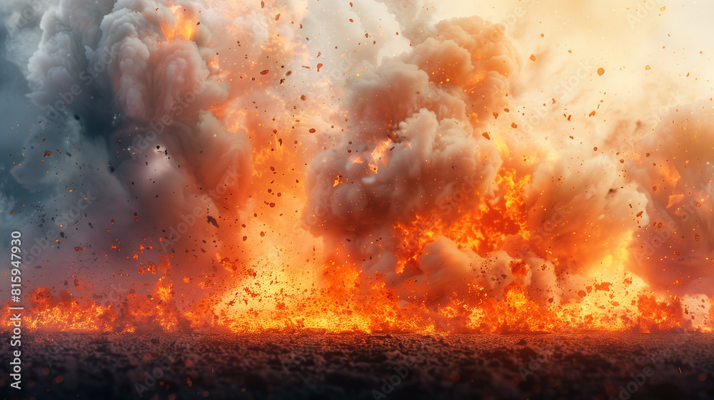 Intense explosion with massive clouds of smoke and fire, depicting a dramatic and powerful scene.
