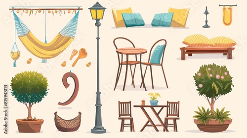 Set of garden elements with furniture  hammock  street lamp  beanbag and suspended armchair  flowers  table and chairs for outdoor cafe. Modern illustration  icons.