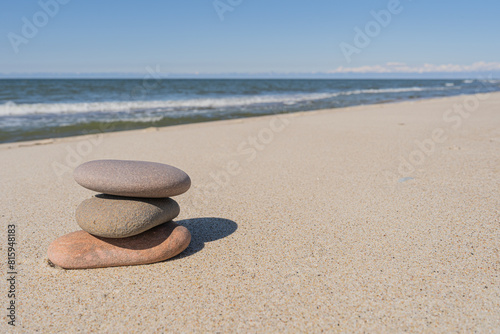 Sea shore, Sand and stack stones. Stones and lines. Concept of zen, balance, harmony.
