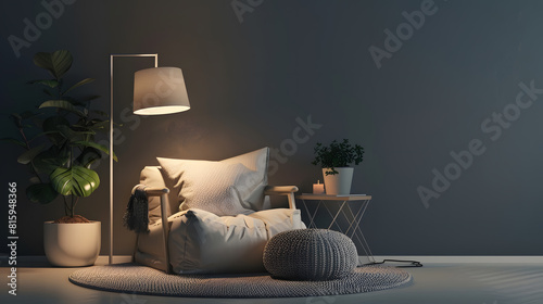 Armchair with pillow glowing lamp plant in pot ottoman and round carpet on floor on gray wall background in living room Ad blog about real estate and modern interiors simple scandinavi : Generative AI photo