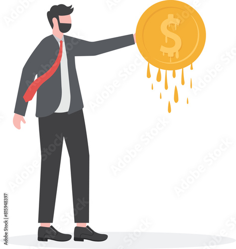 Money depreciates. man holds melting coins. vector
