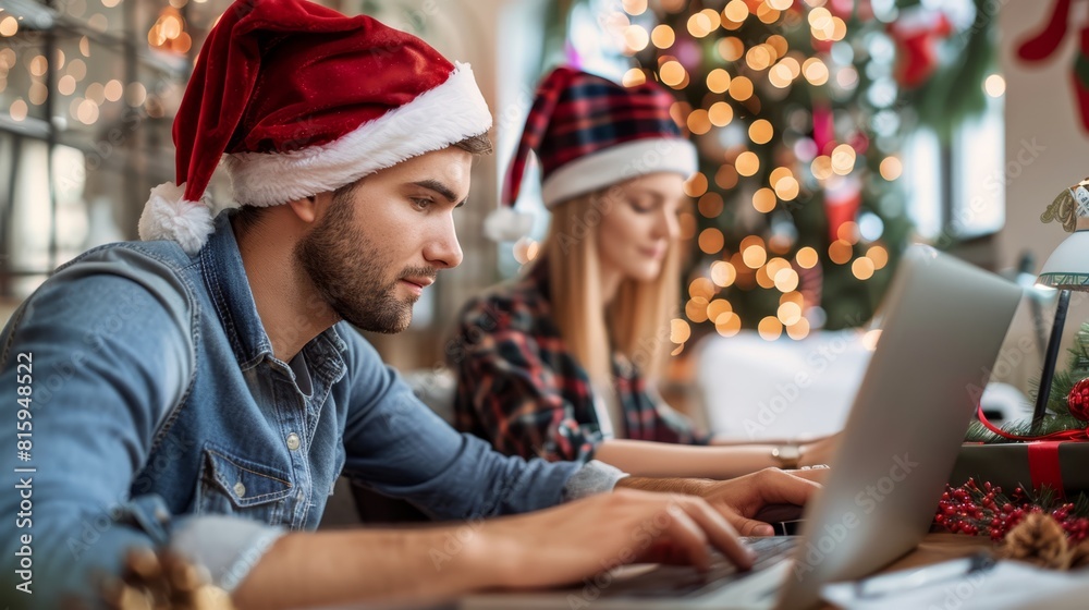 Couple working on laptops during Christmas, perfect for holiday marketing and remote work themes. Couple working on laptops during Christmas, perfect for holiday marketing and remote work themes.