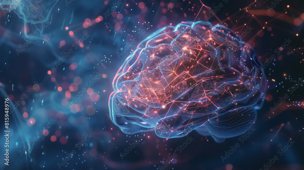 Fototapeta premium Neural Network Brain Activity, Dynamic Blue and Red Visualization, Neuroscience Research Concept