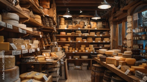 Rustic Artisan Cheese Shop Interior with Wooden Shelves and Soft Lighting