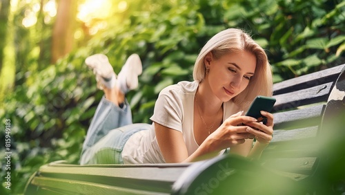 Generated ImageA beautiful woman sitting in the park smiles while writing a message on her phone photo