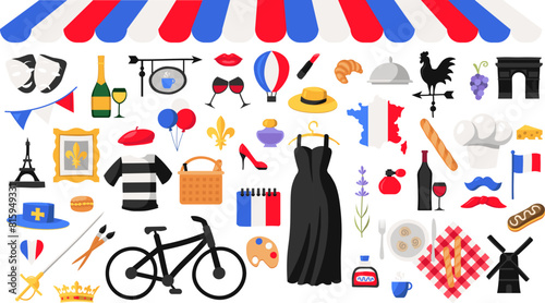 Collection of french traditional clipart, festive attributes of France. Vogue, accessories, foodstuff, architecture elements. Flat vector items in colors of French flag