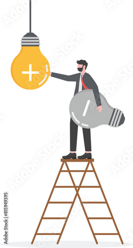 Change your thoughts to be positive. Businessman standing turning negative icon into positive

