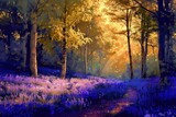 Tranquil and peaceful enchanted sunset forest path with wildflowers. Magical landscape. And mystical woods. Illuminated by the warm sunlight of the golden hour. Perfect for a fairy tale adventure