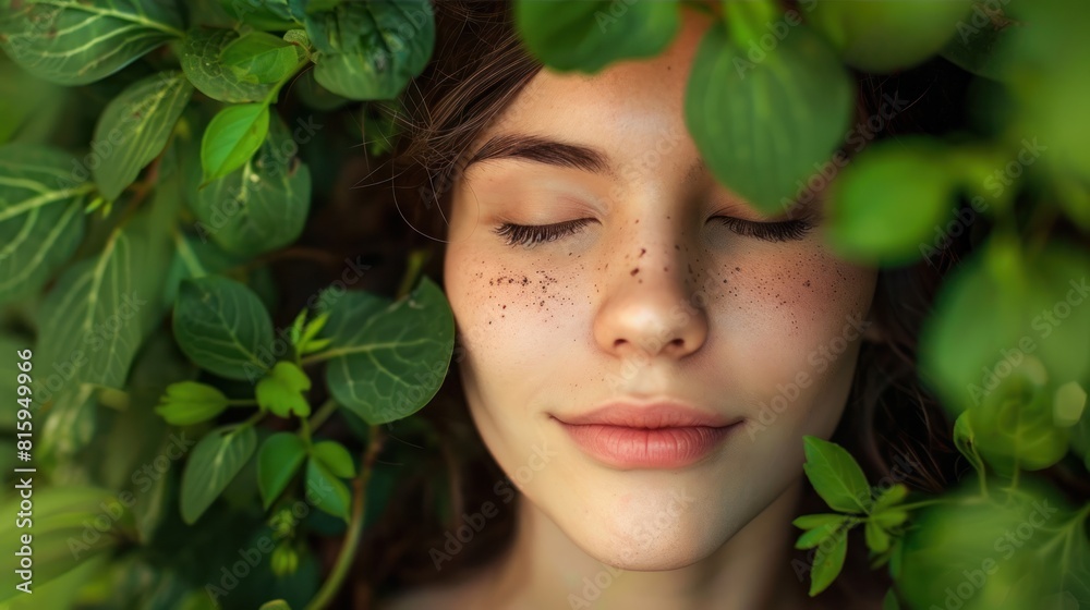 Beautiful woman with closed eyes among green leaves enjoying nature. Breathing fresh air. Beautiful woman with closed eyes among green leaves enjoying nature. Breathing fresh air.