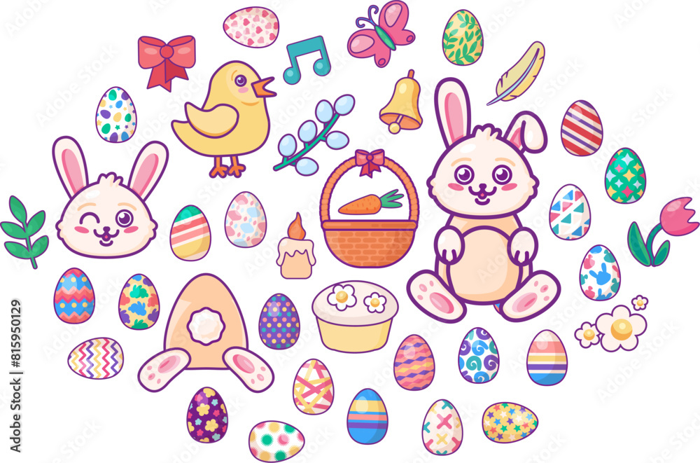 Large kit of gifts from surprises for Easter Day. Collection of colored eggs, funny Easter bunnies, plants and birds in bright spring colors. Set of multicolored symbols isolated on white background Large kit of gifts from surprises for Easter Day. Collection of colored eggs, funny Easter bunnies, plants and birds in bright spring colors. Set of multicolored symbols isolated on white background
