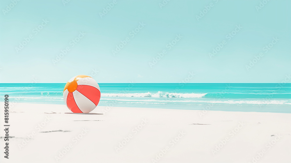 Obraz premium Minimalist illustration of a vibrant beach ball on pristine white sand, with a calm turquoise ocean and clear blue sky in the background. 
