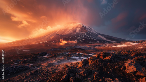 Capture an active volcano at golden hour, showcasing red and brown hues with a snowy peak.