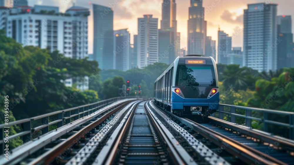Fototapeta premium Train on track in blue wireframe.