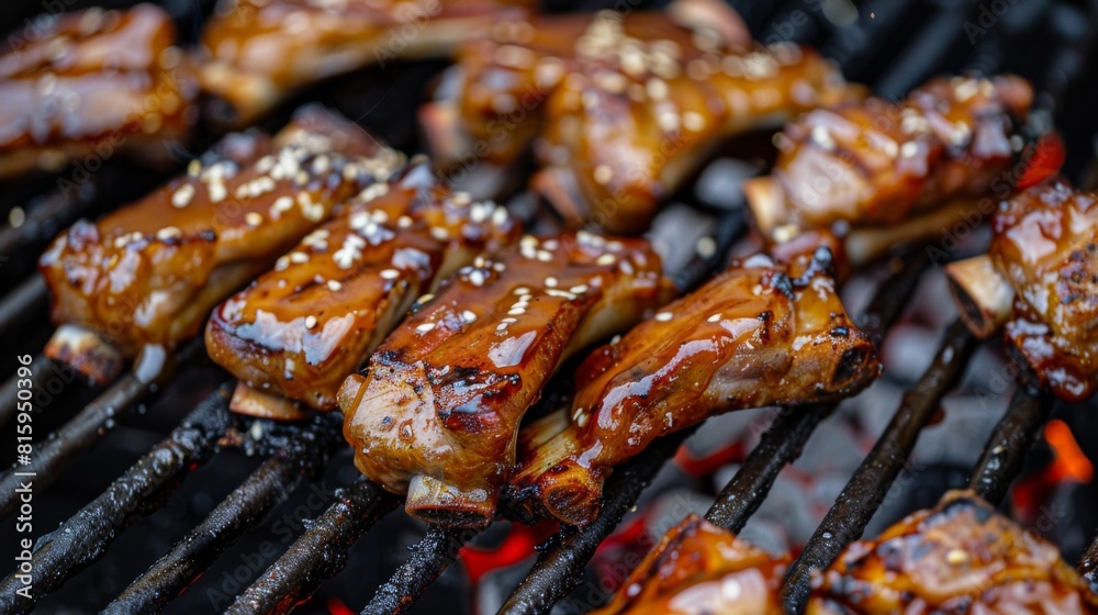 Close-up of juicy pork ribs glazed with honey and soy sauce, caramelizing on a hot grill for irresistible flavor. Close-up of juicy pork ribs glazed with honey and soy sauce, caramelizing on a hot grill for irresistible flavor.