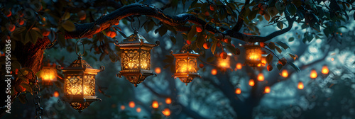 Opulent Red Ambiance with Golden Lanterns and Crescent Moon ,Ornate Lanterns Aglow Amongst Twilight Leaves