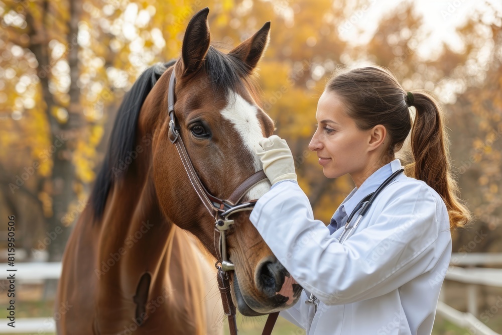 Obraz premium Elderly Veterinarian Providing Care to a Horse on a Rural Farm