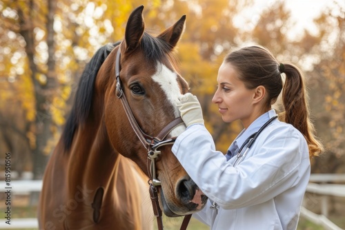 Elderly Veterinarian Providing Care to a Horse on a Rural Farm