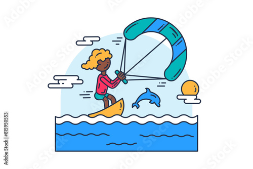 Young extreme athlete controls parachute and rides through waves on kiteboard. Extreme sports and active lifestyle. Simple colored stroked vector icon isolated on white background