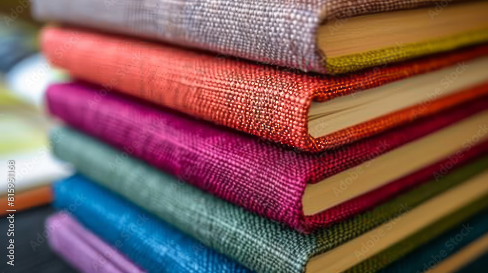 Books in beautiful multi-colored textured fabric covers, symbolizing knowledge and comfort