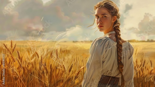 beautiful historical early american pioneer woman with long braid in wheat field realistic digital painting