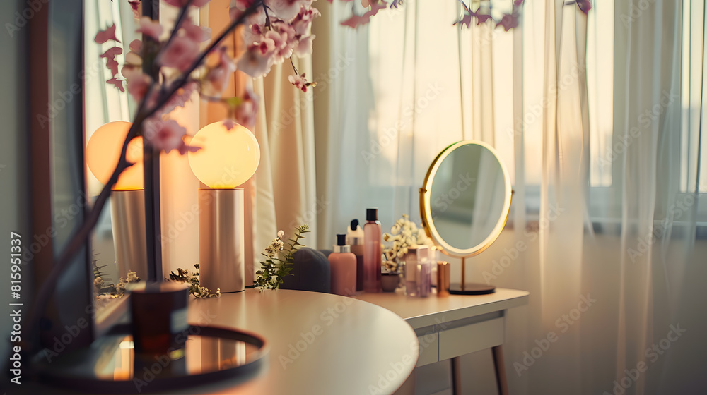 Dressing table with elegant round mirror Interior design and home ...