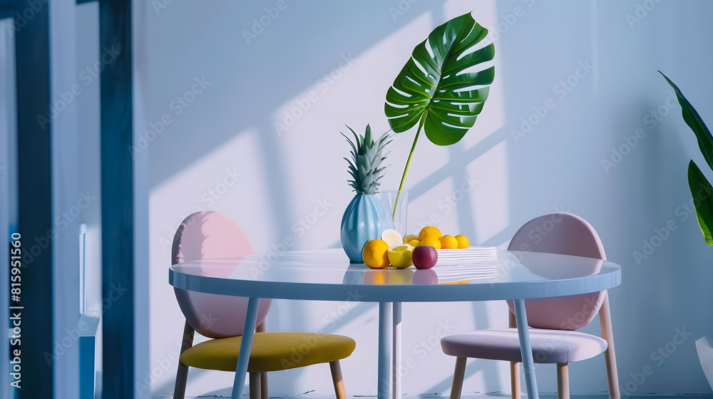 Obraz premium Stylish composition of dining room interior with design table modern chairs decoration tropical leaf in vase fruits bookcase abstract mock up paintings and elegant accessories in home : Generative AI