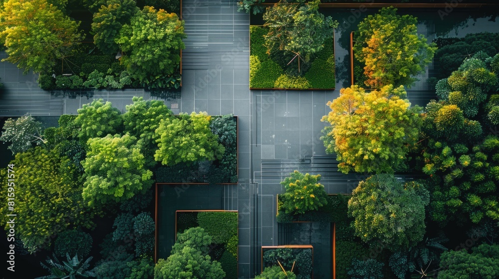 Top view of a modern town among green trees. Top view of a modern town among green trees.