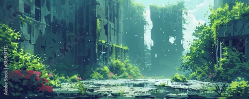 A cybernetic wasteland where the ruins of civilization are slowly being reclaimed by nature, with vines and foliage creeping over crumbling buildings. illustration.