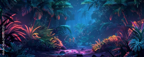 An alien jungle teeming with strange and exotic life  where bioluminescent plants cast an eerie glow over the darkened landscape.   illustration.