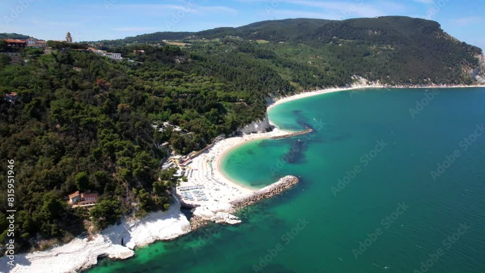 Italy summer holidays, best scenic sea landscape and beaches of Riviera del Conero- natural park near Ancona. Marche. View of picturesque beach Spiaggia del Frate. 4k hd aerial drone video Italy summer holidays, best scenic sea landscape and beaches of Riviera del Conero- natural park near Ancona. Marche. View of picturesque beach Spiaggia del Frate. 4k hd aerial drone video
