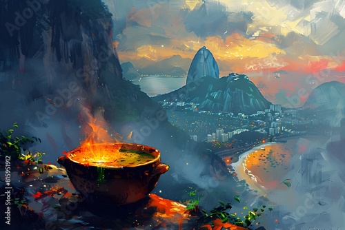 Feijoada Simmering in a Clay Pot while Overlooking Rio de Janeiros Scenic Sugarloaf Mountain in this Vivid Digital Painting photo