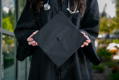 Nursing School woman in cap and gown holding a College diploma wearing a stethoscope 