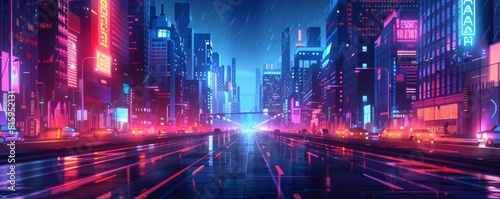 A retro-futuristic metropolis where towering megastructures cast long shadows over the bustling streets below  their neon signs flickering in the night.   illustration.