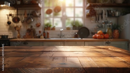 Sturdy wooden table with a kitchen scene backdrop  ideal for displaying kitchen products or food  with a blurred room for added focus on the foreground