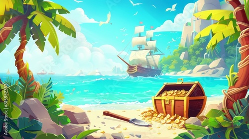 An adventure book or game scene with a pirate ship moored on a beach with treasure. Chests with gold and shovels under lianas, filibuster loot under palm trees on a sea beach. Cartoon modern