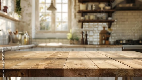 Sturdy wooden table with a kitchen scene backdrop  ideal for displaying kitchen products or food  with a blurred room for added focus on the foreground