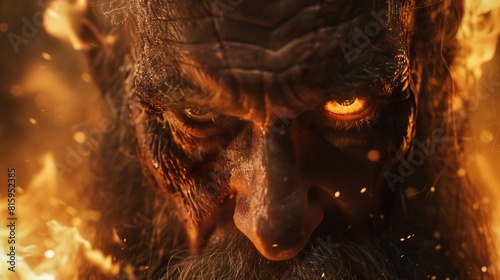 Odin, his eyes filled with a wrathful fire, as he confronts Fenrir, their faces locked in a moment of epic confrontation photo