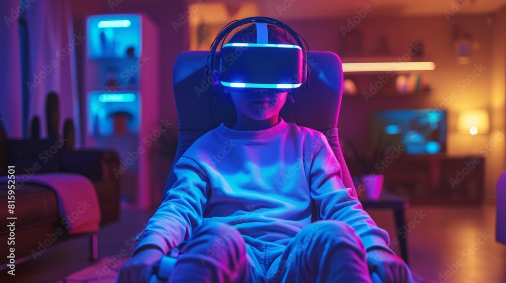A boy wearing virtual reality glasses sits on a sofa in a futuristic living room. 