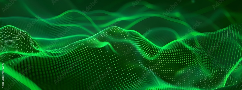 Captivating digital background showcasing emerald green waves and intricate dot patterns, ideal for modern designs, technological themes, and creative digital artworks. Captivating digital background showcasing emerald green waves and intricate dot patterns, ideal for modern designs, technological themes, and creative digital artworks.