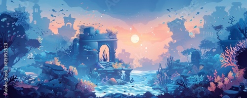 A mystical underwater kingdom hidden beneath the waves, where merfolk and sea creatures dwell amidst coral reefs and ancient ruins.   illustration. © Coosh448