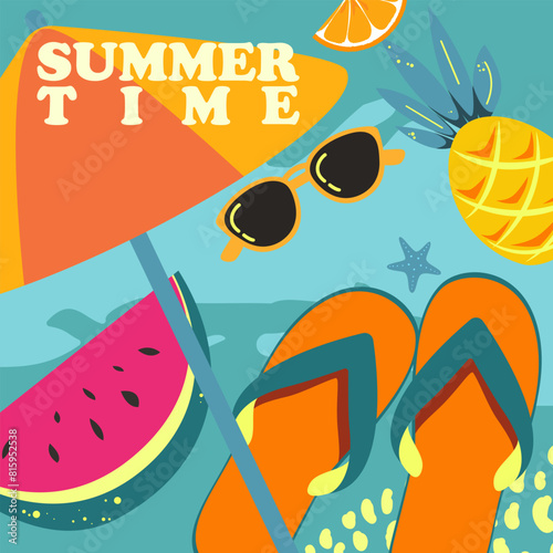 Summer time. Summer background with watermelon, pineapple, sunglasses, flip-flops. Vacation time.Vector illustration.