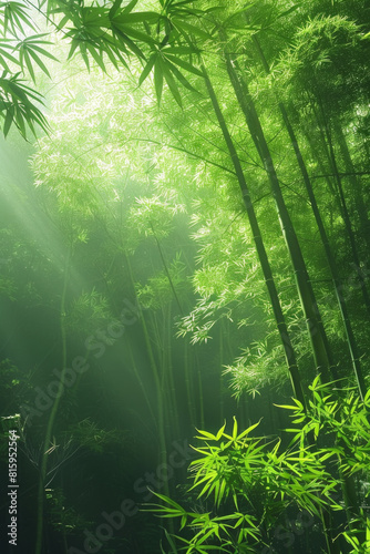 A serene bamboo forest bathed in soft sunlight  with slender bamboo stalks stretching towards the sky and lush green foliage filtering the dappled light  creating a tranquil oasis of natural beauty.