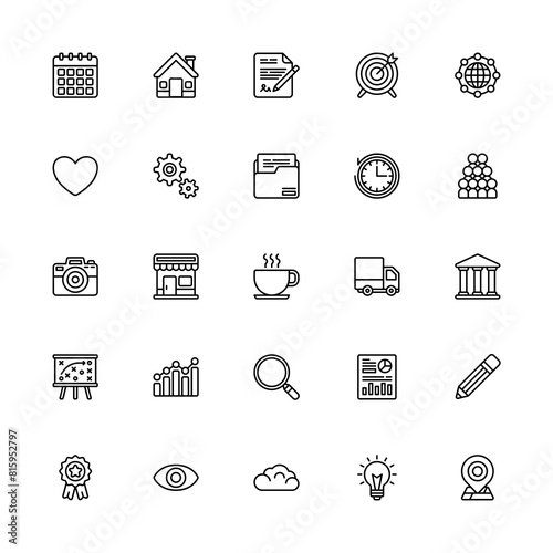 Miscellaneous Icons Set Line style. Calendar, Home, Film People, Bank, Camera And More Icon. Vector Illustration Design Element