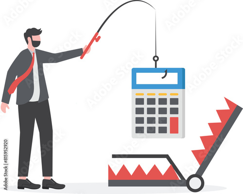 Financial accounting fraud. Businessman takes a calculator from a bear trap. Vector

