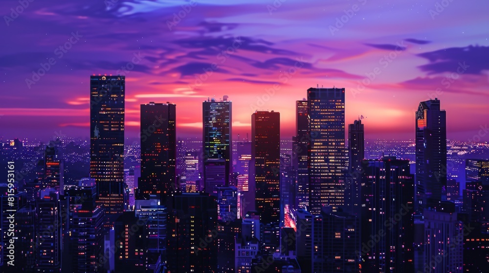 Fototapeta premium Downtown skyline at dusk, with city lights illuminating the tall buildings against the backdrop of a twilight sky.