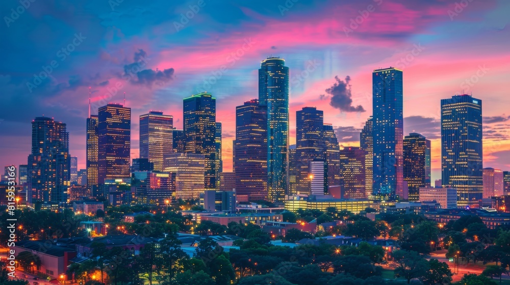 Obraz premium Downtown skyline at dusk, with city lights illuminating the tall buildings against the backdrop of a twilight sky.